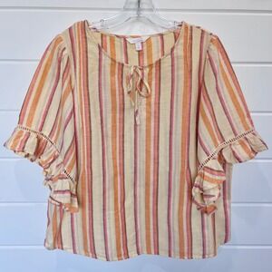 LC Lauren Conrad Striped Blouse Womens L Yellow Ruffle Bell Sleeve Linen Blend